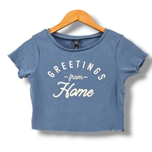 Alya Women's Cropped Lettuce Hem Greetings From Home T-Shirt Blue‎ Size Small - Picture 4 of 12